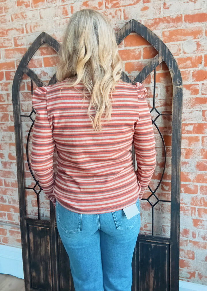 Pretty Girl Things Striped Puff Sleeve-Rust/Brown