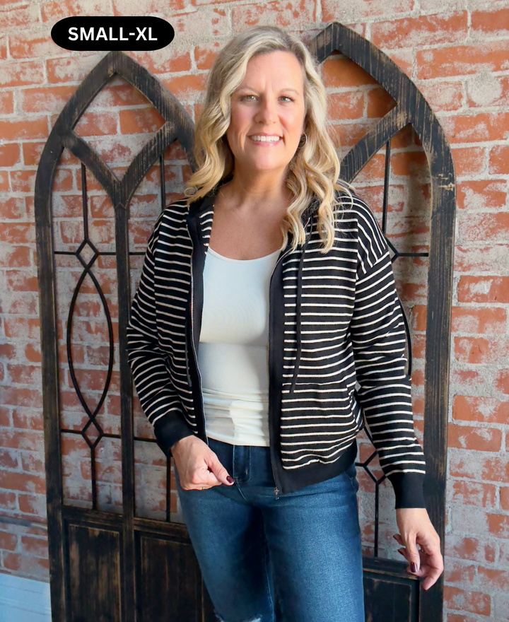 Over & Over Again Striped Sweater Jacket-Black