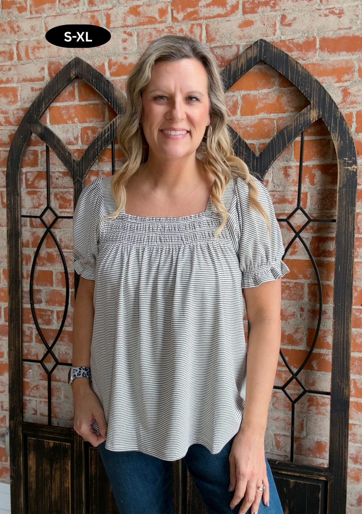 Make An Adjustment Striped Knit Blouse-Ivory