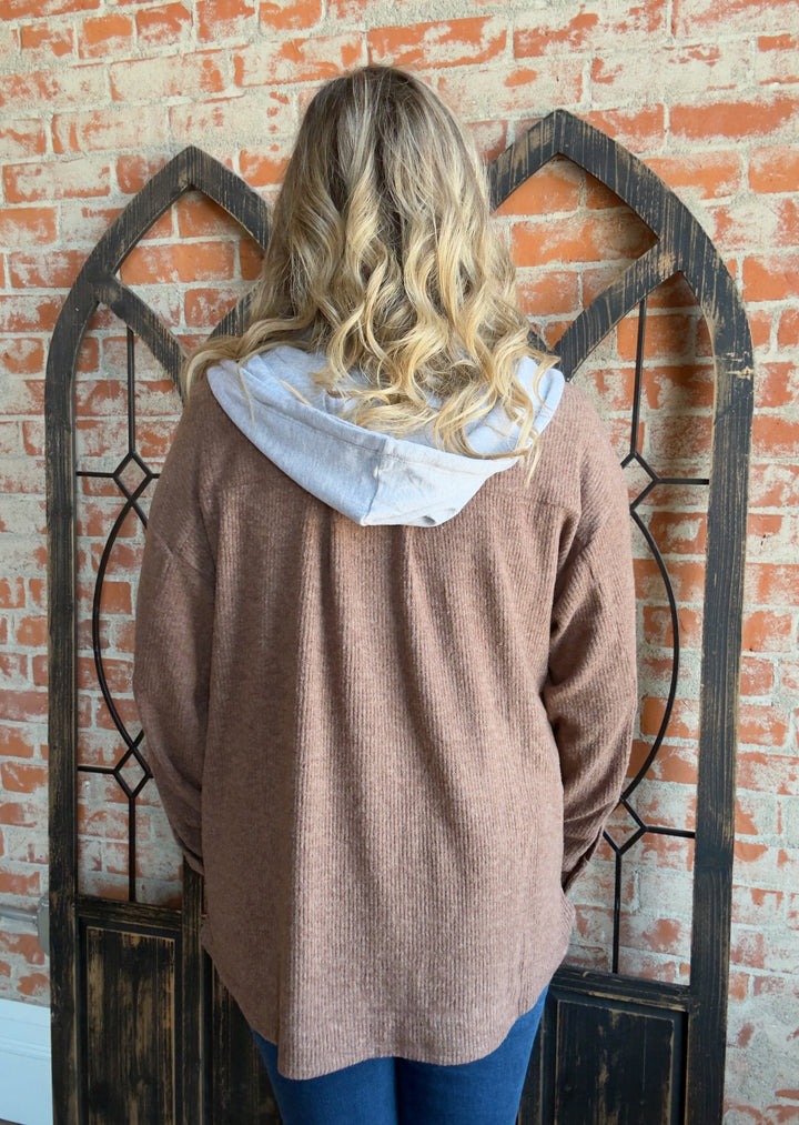 Fall Accessory Ribbed Hoodie Shacket-Brown