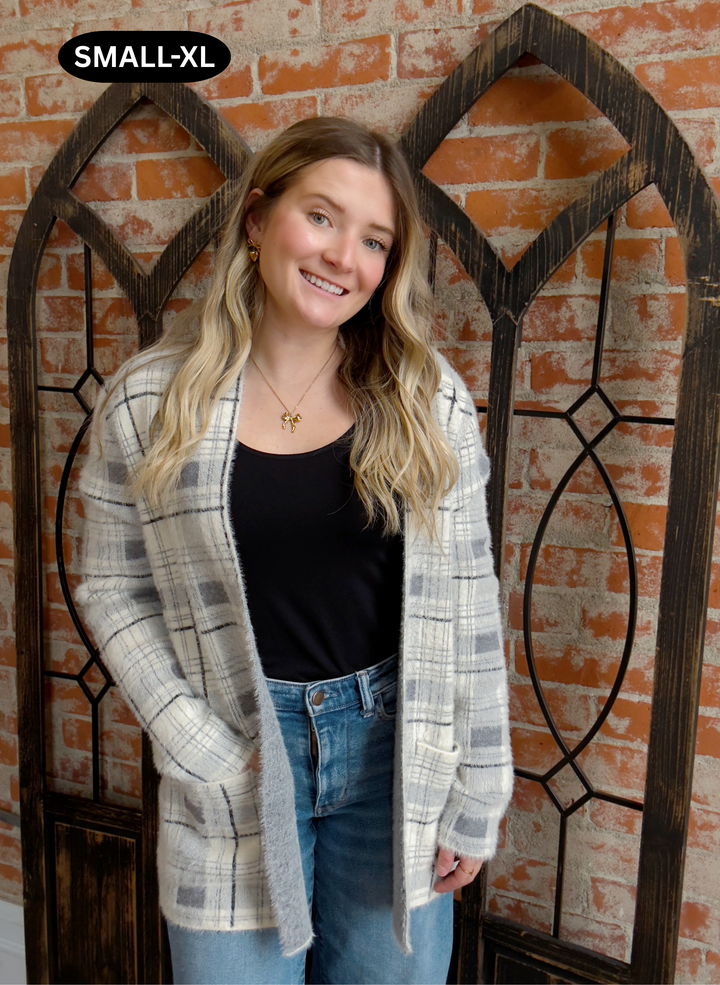 It's A Vibe Plaid Cardigan-Grey