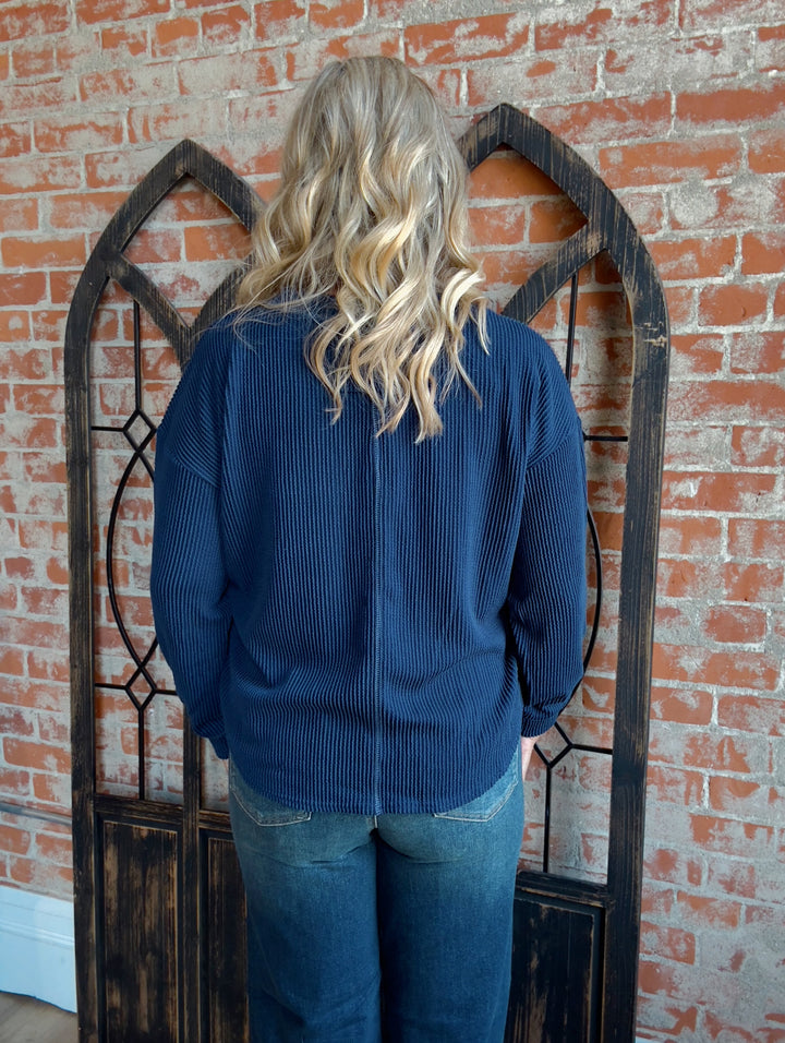 Take Your Time Ribbed Henley-Navy