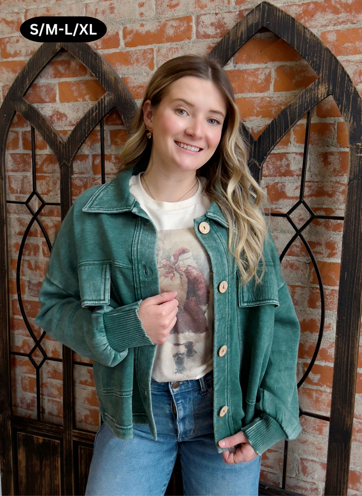 Got It All Down Acid Wash Jacket-Hunter Green