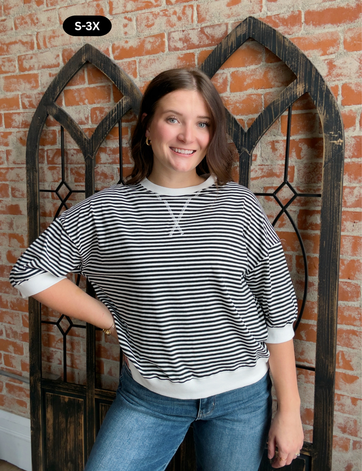 Just In Time Striped 3/4 Crewneck-Black
