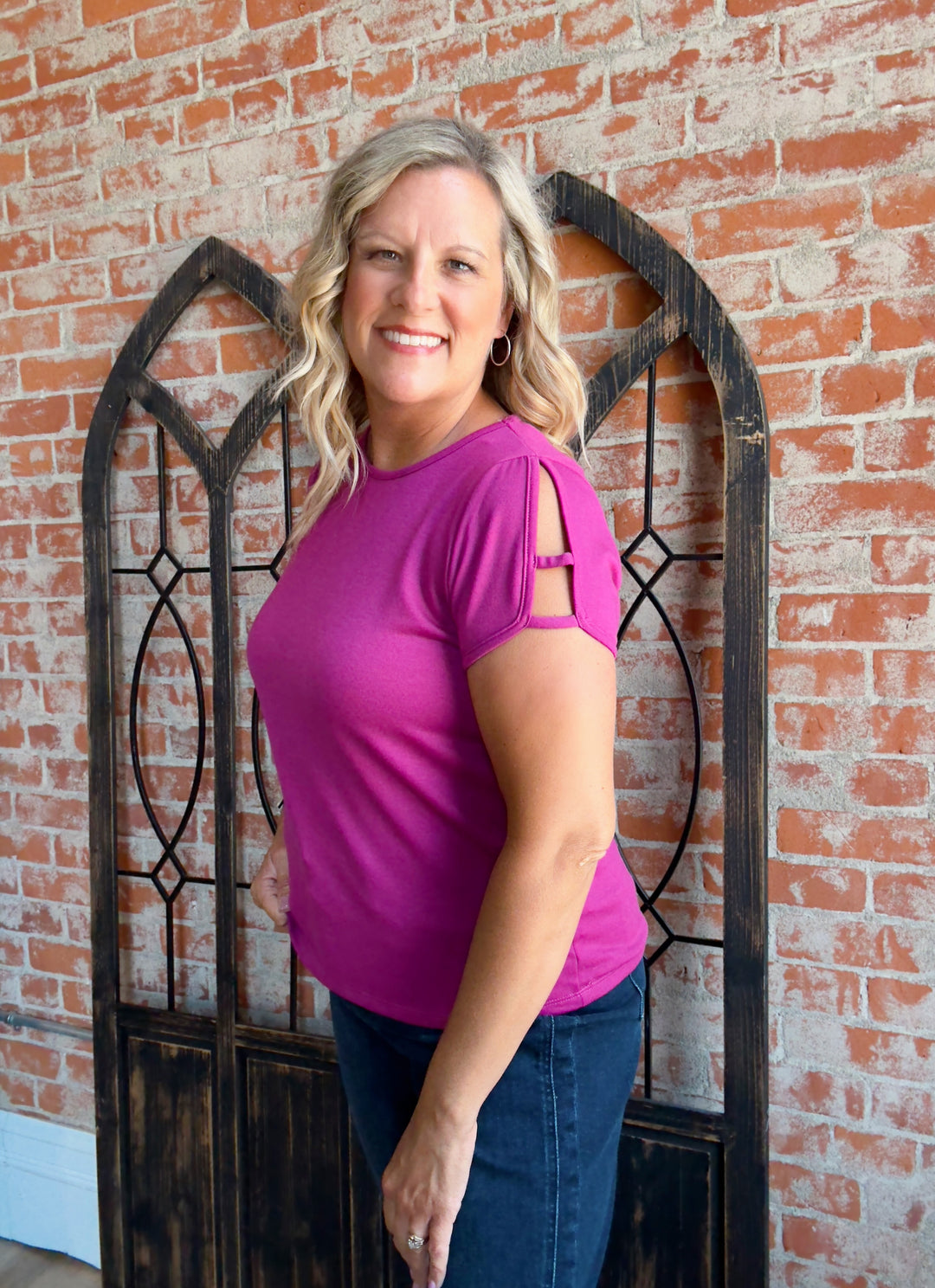 Have Some Fun Cut Out Sleeve Tee- Magenta