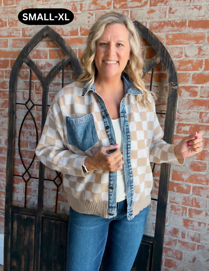 Team's Top Pick Checkered/Denim Sweater Cardi
