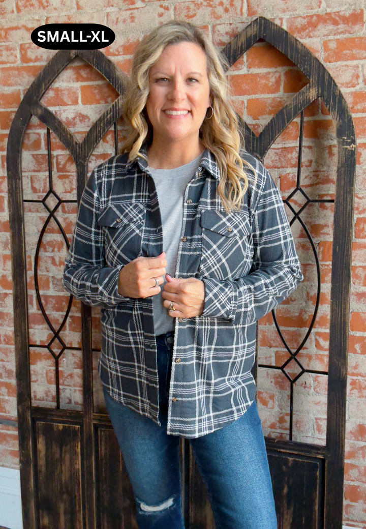 Teddy Soft Plaid Shacket-Charcoal/Ivory Plaid