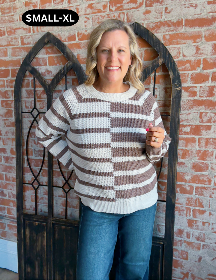 Give Me A Cappuccino Striped Color Block Sweater-Mocha