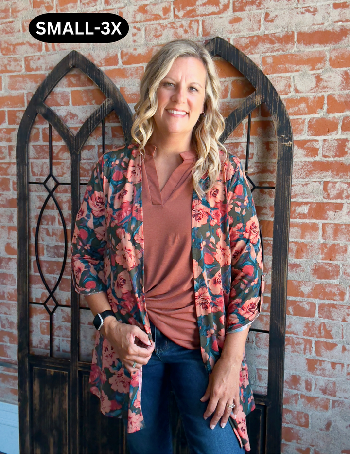 In The Moment Fall Floral Olive Kimono