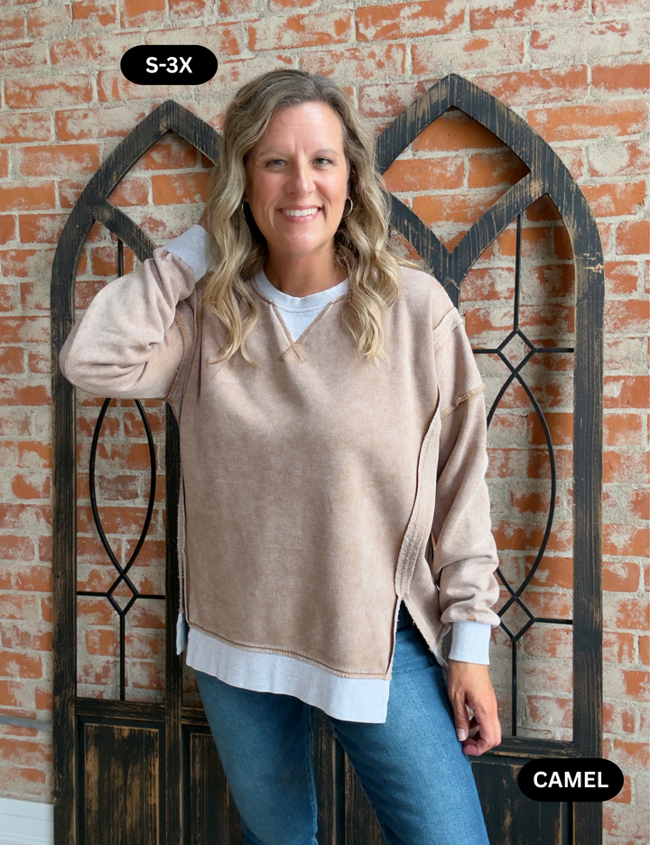 My Saturday In Burnout Fleece Crewneck-Rust & Camel