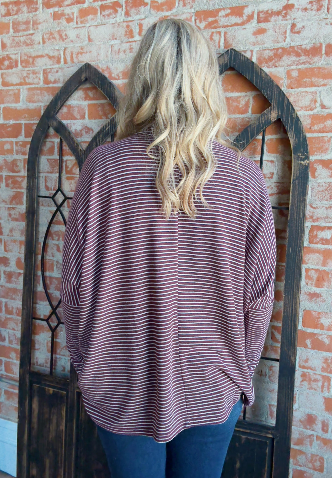 Wish Away Striped Mock Neck-Dark Cherry