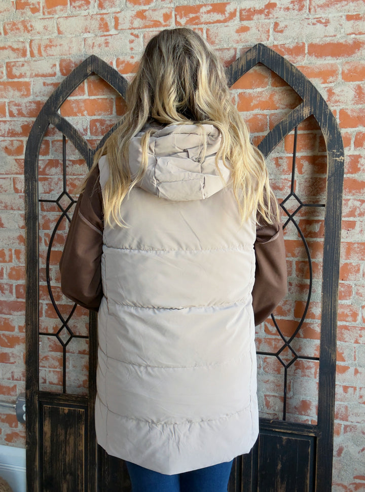 Warm Hug Long Puffer Vest-Taupe