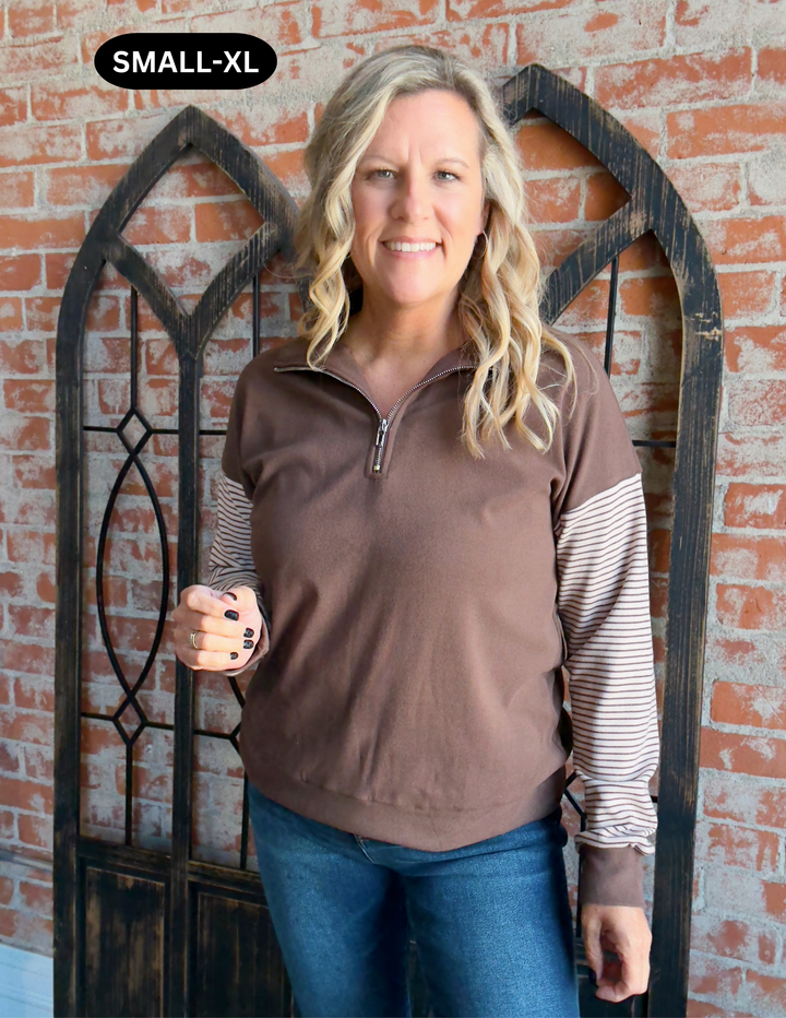 Just Another Day Striped Sleeve Zip Up-Brown