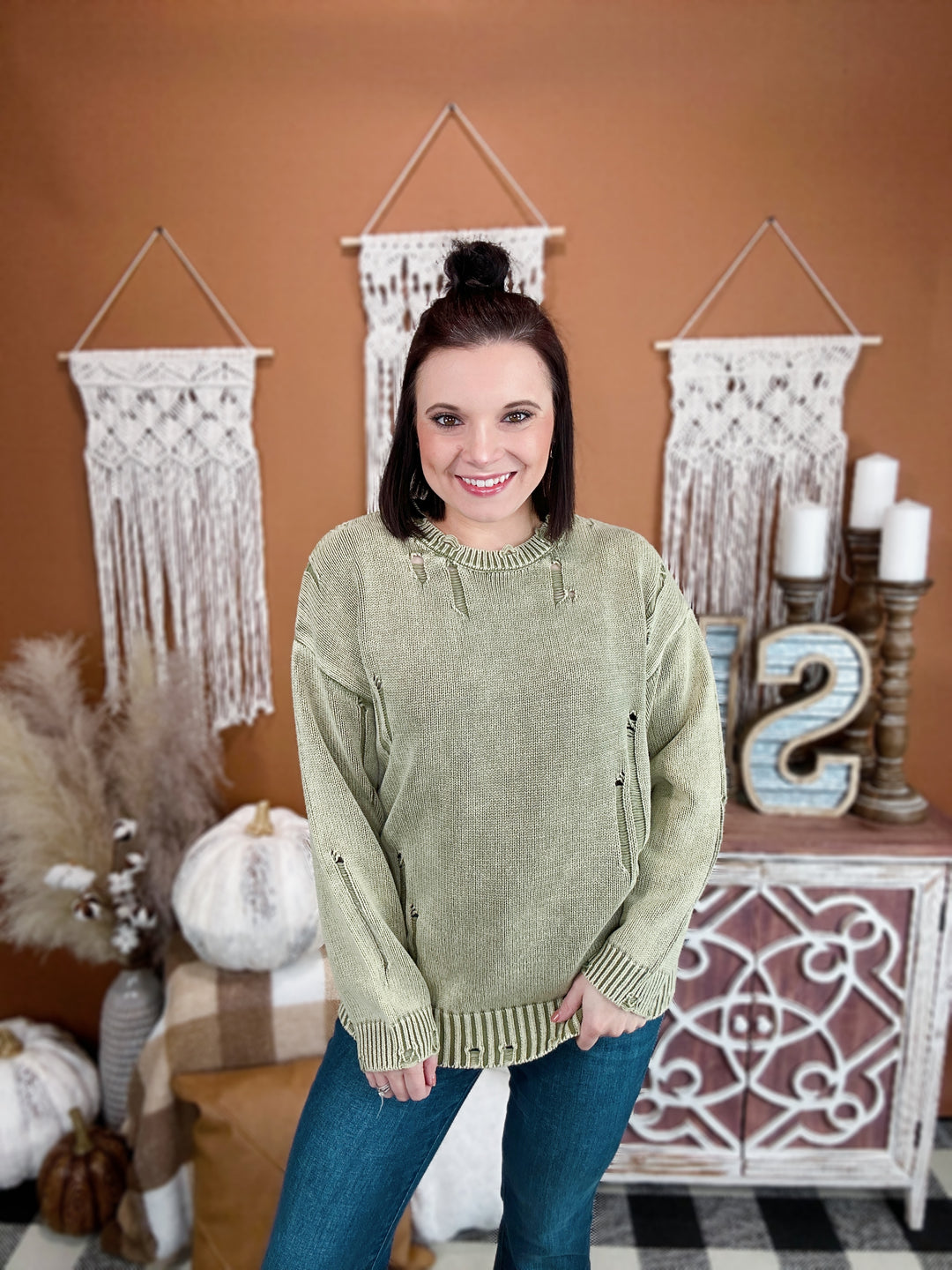 A Time Of Change Olive Distressed Sweater