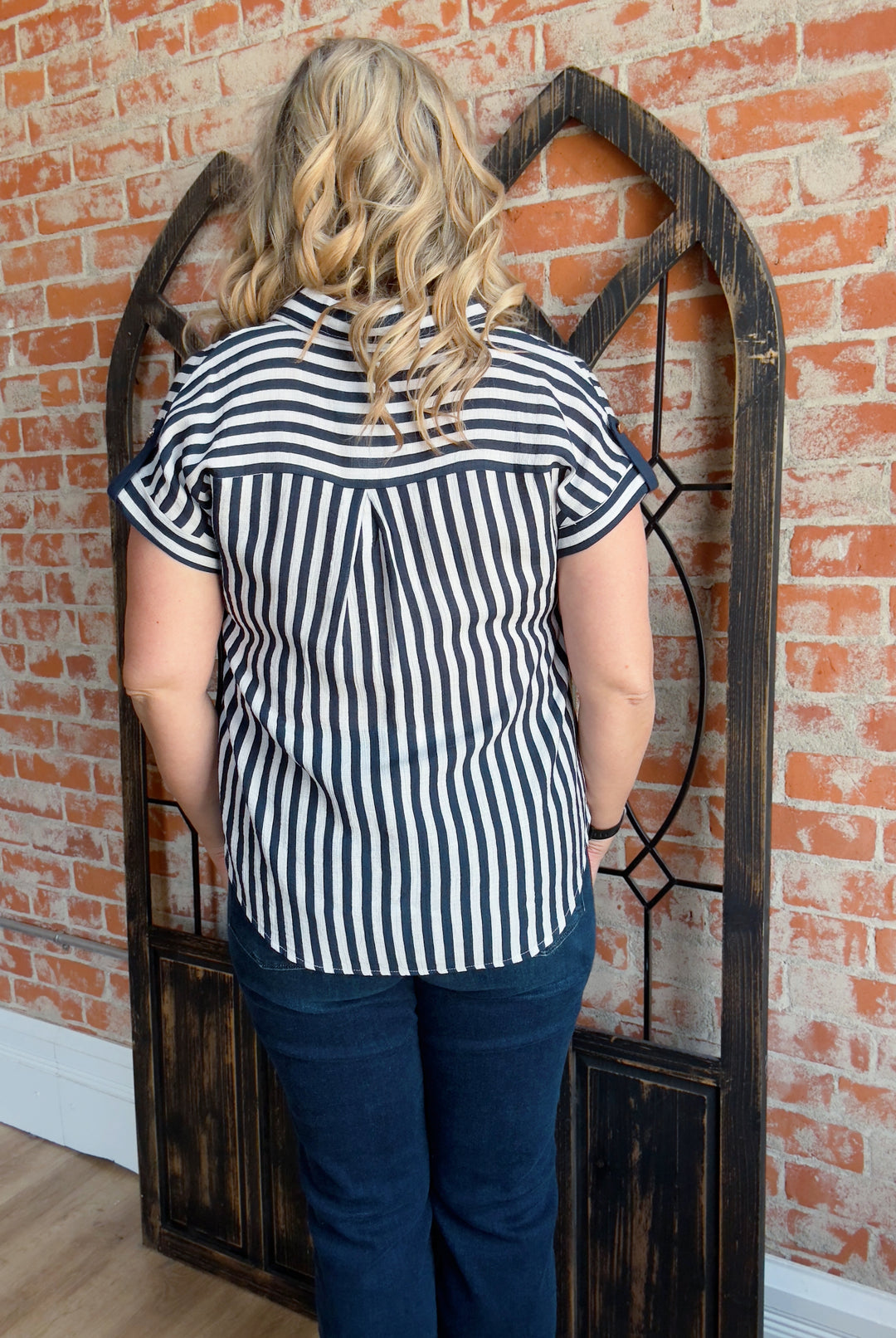 Sweet Days Ahead Pinstriped Button Up-Navy