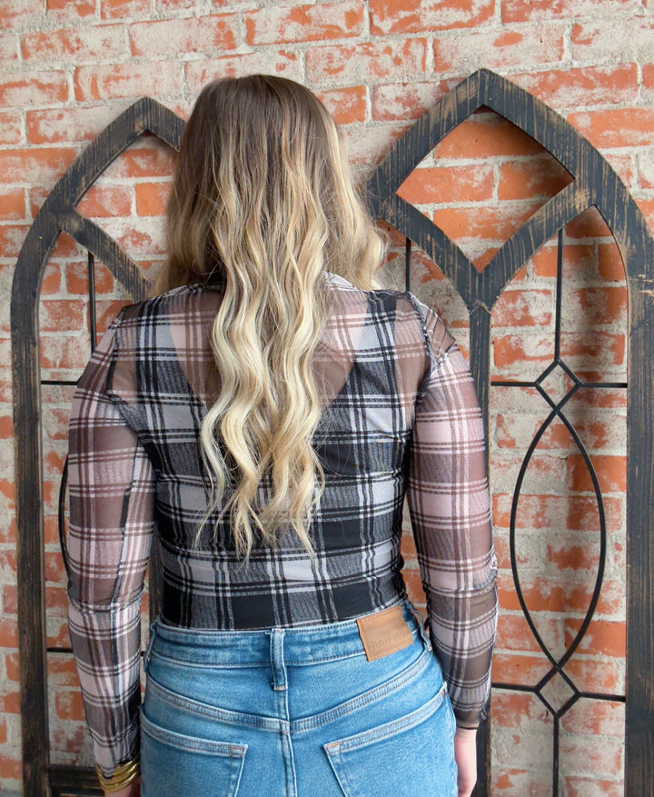 Holiday Flair Plaid Mesh Long Sleeve