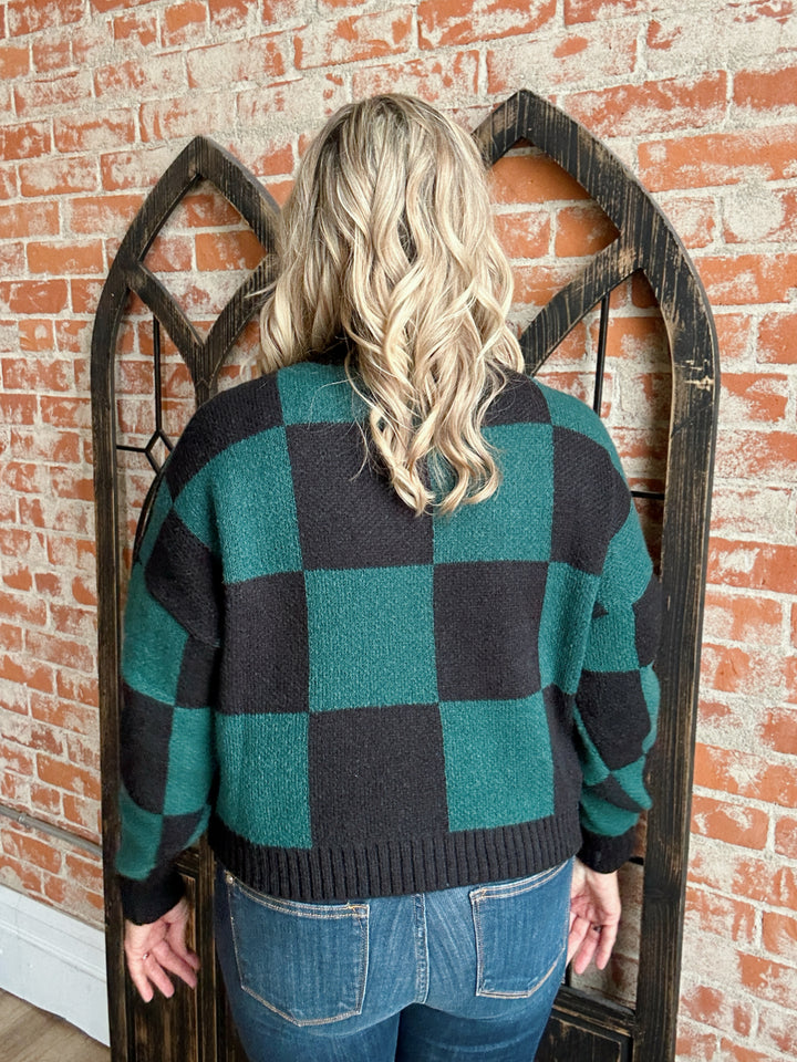 Cherish A Moment Hunter Green Checkered Sweater