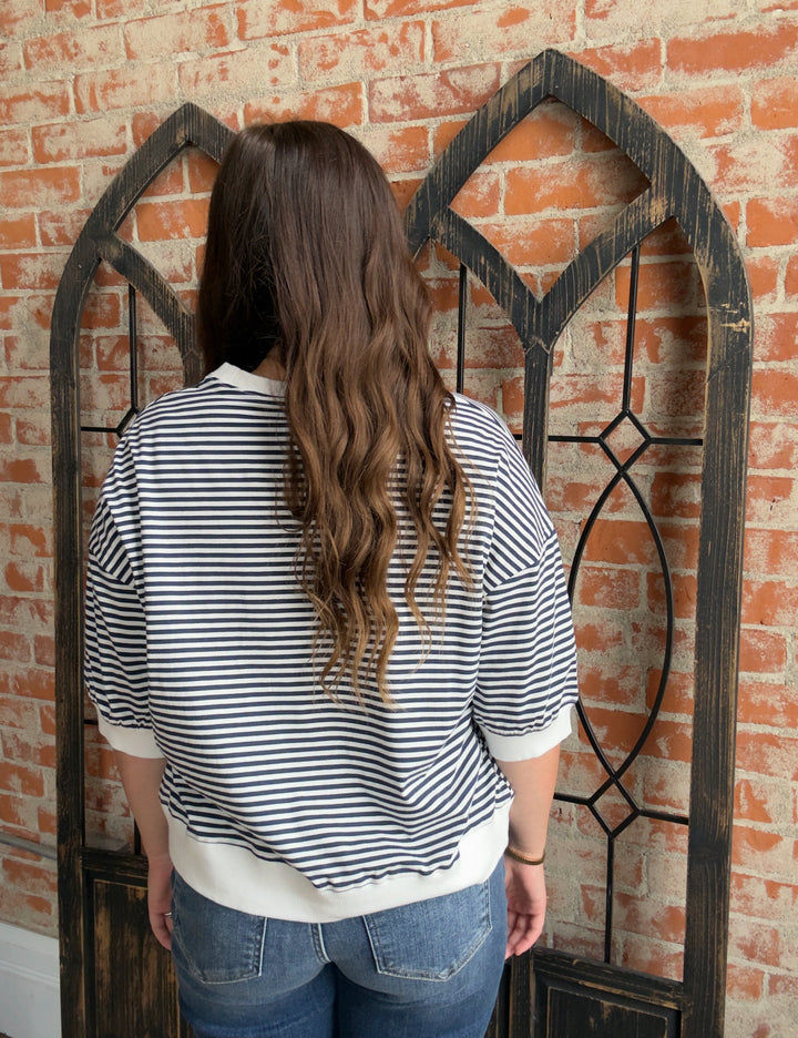 Just In Time Striped 3/4 Crewneck-Navy