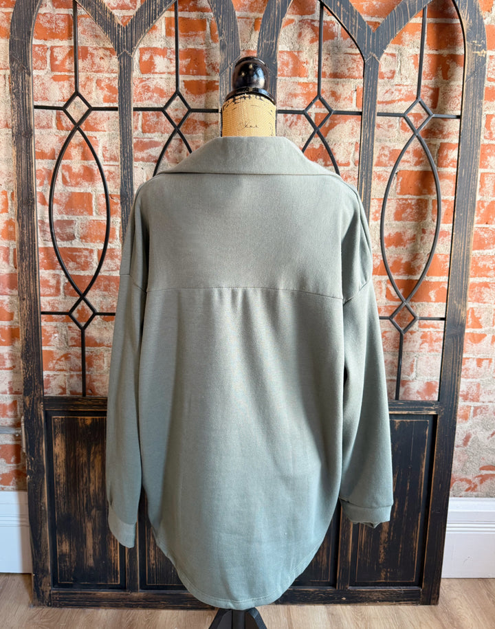 Curvy When I Need Fleece Shacket-Dark Sage