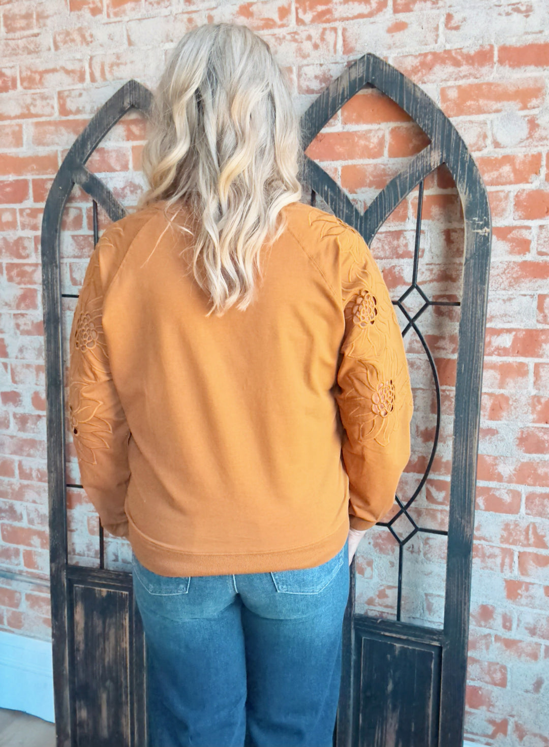 Set Me Free Laser Cut Floral Sleeve Crewneck-Camel