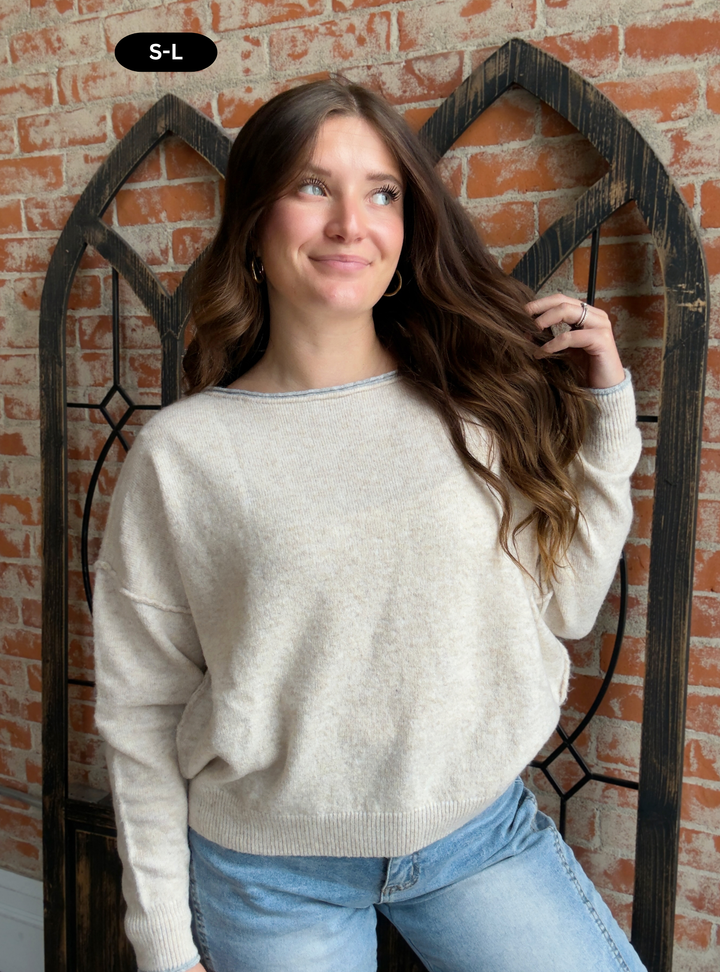 Roll With It Trimmed Sweater- Oatmeal