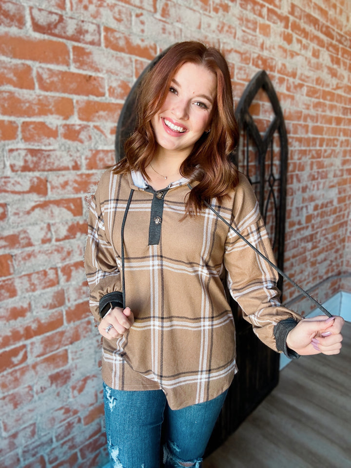 Roasting S'mores Camel Plaid Henley Hoodie