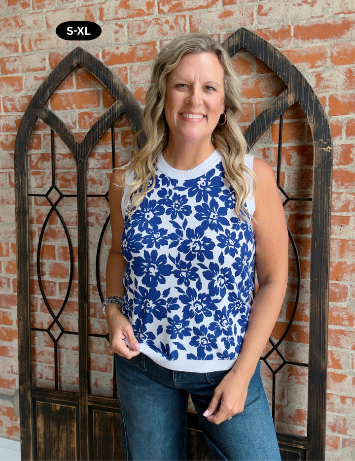 Like Royalty Floral Sweater Tank-Royal