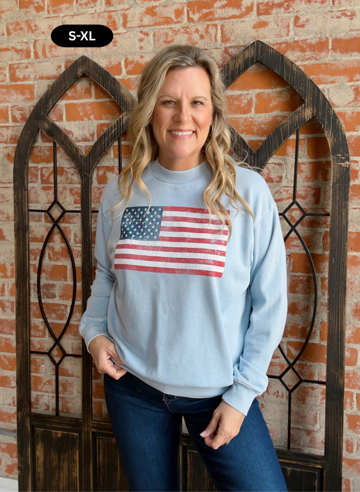 Vintage Flag Crewneck-Baby Blue