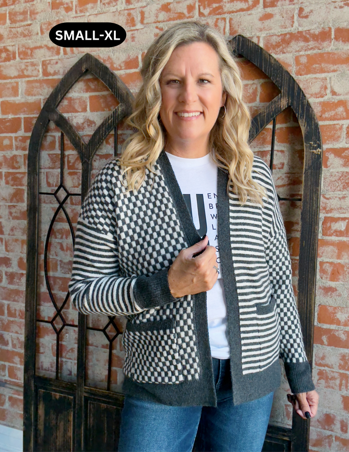 Feel The Victory Checkered Cardigan-Charcoal