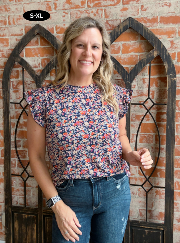With The Right Attitude Floral Ruffle Sleeve Tee-Navy