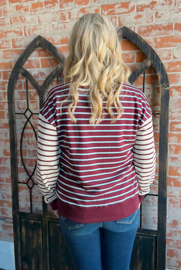 Take It Back Striped Color Block Pullover-Burgundy