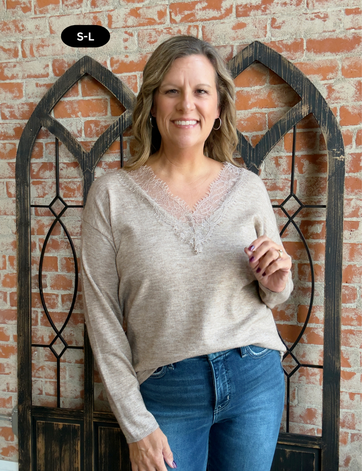 A Little Sweet Lace Sweater-Taupe