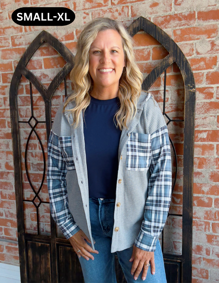 Call My Name Plaid Waffle Shacket-Grey