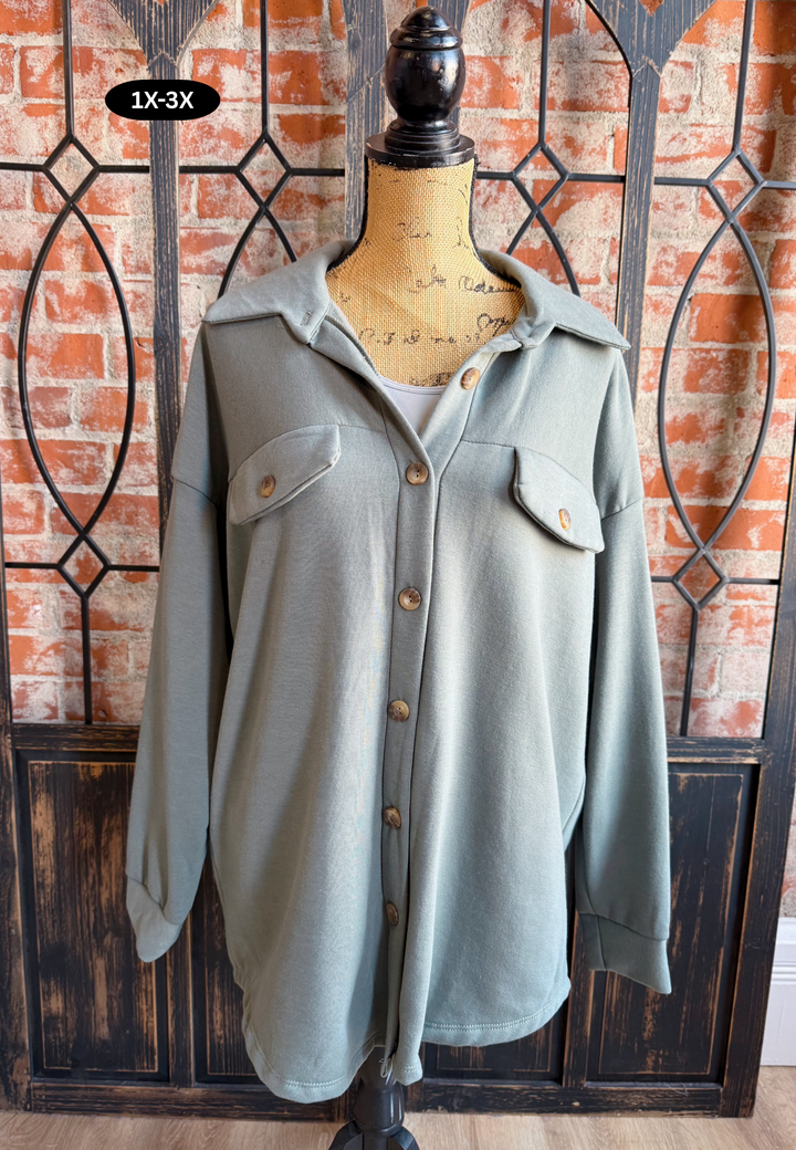 Curvy When I Need Fleece Shacket-Dark Sage