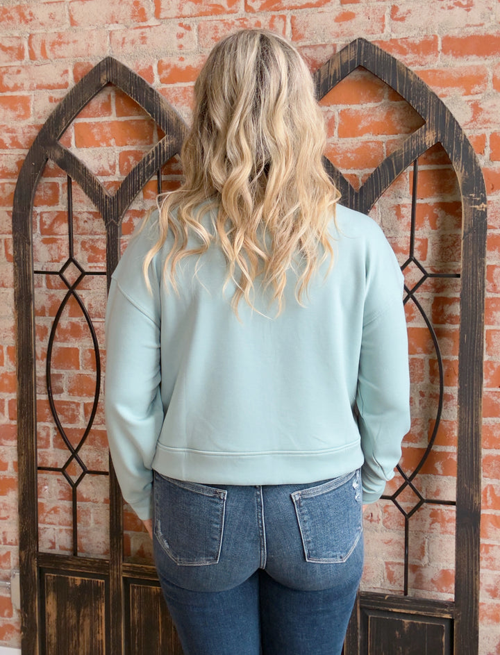 Put It On My Tab Cropped Scuba Half Zip-Light Sage