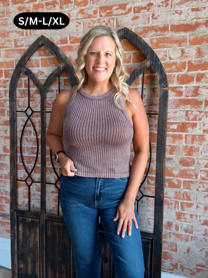 Don't Be Silly Acid Wash Tank-Brown