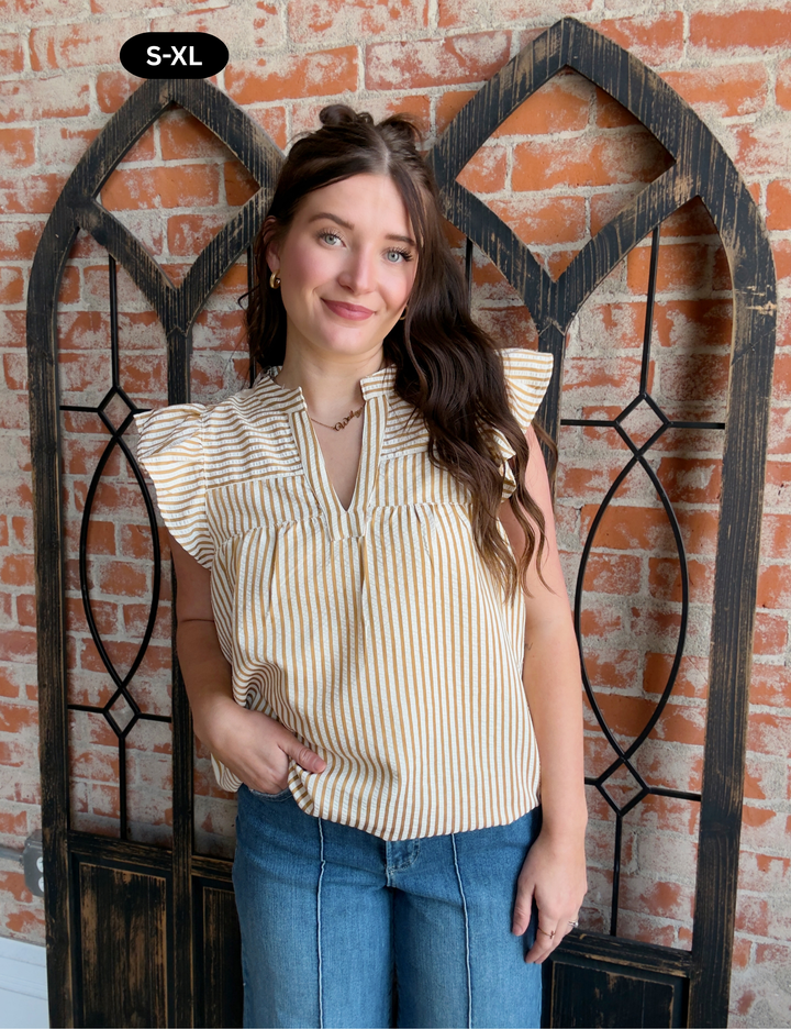 Pure Happiness Striped Ruffle Sleeve Blouse-Gold