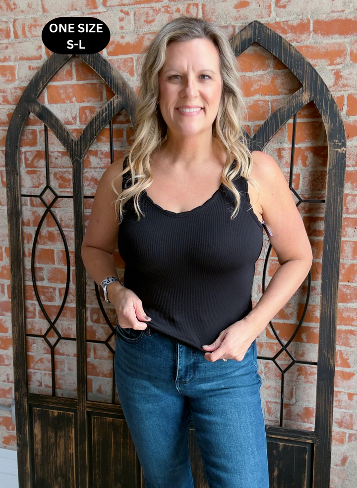 I Do Care Scalloped Tank-Black