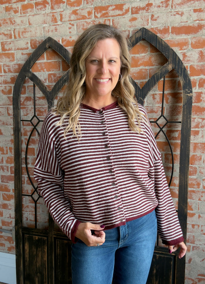 Top Of Mind Striped Sweater Cardigan- Olive & Burgundy