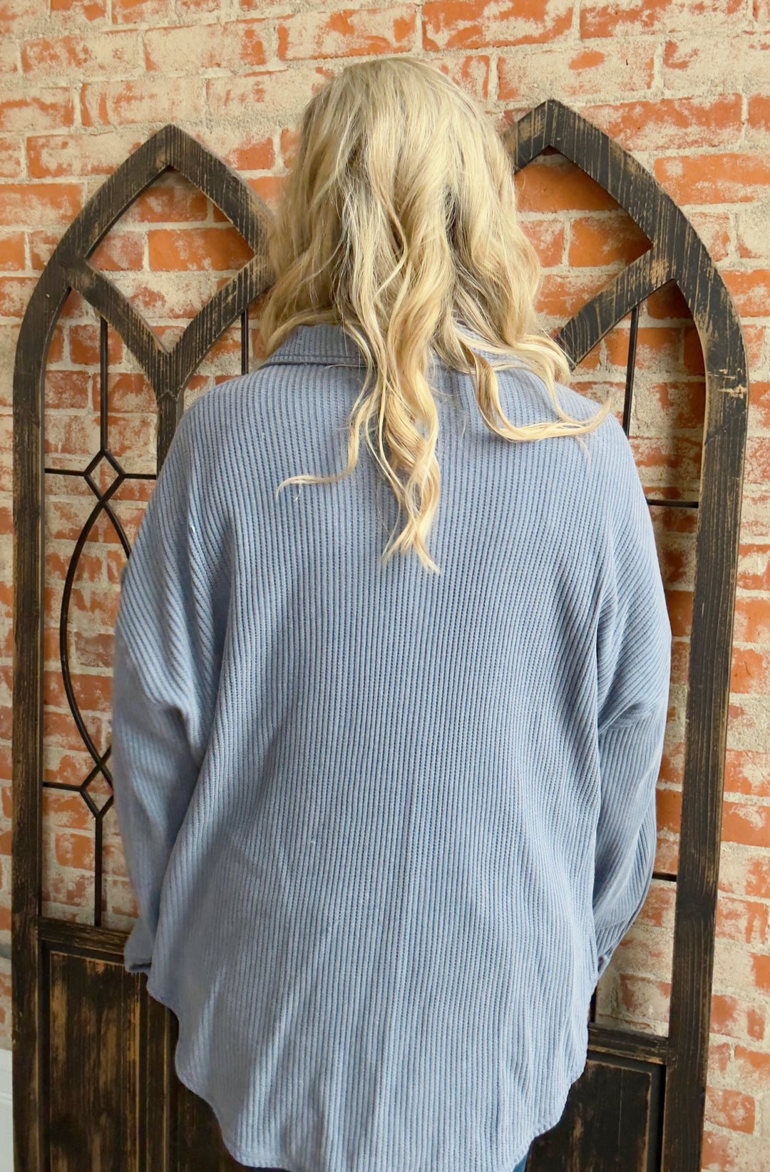 It's A Devotion Waffle Shacket-Aged Blue