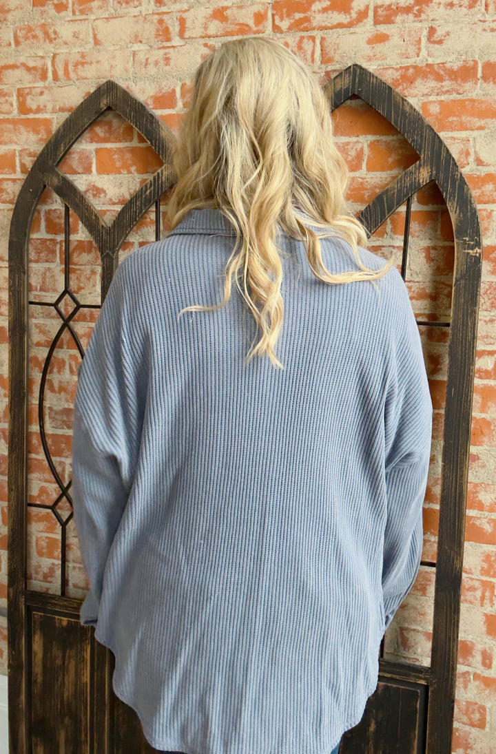 It's A Devotion Waffle Shacket-Aged Blue