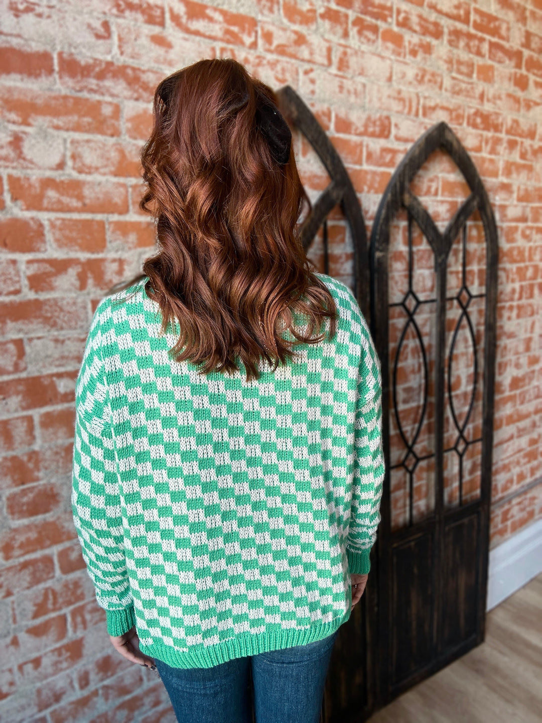 For The Fun Of It Kelly Green Checker Sweater