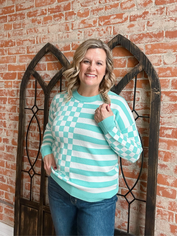 Happy Go Lucky Checkered Color Block Sweater