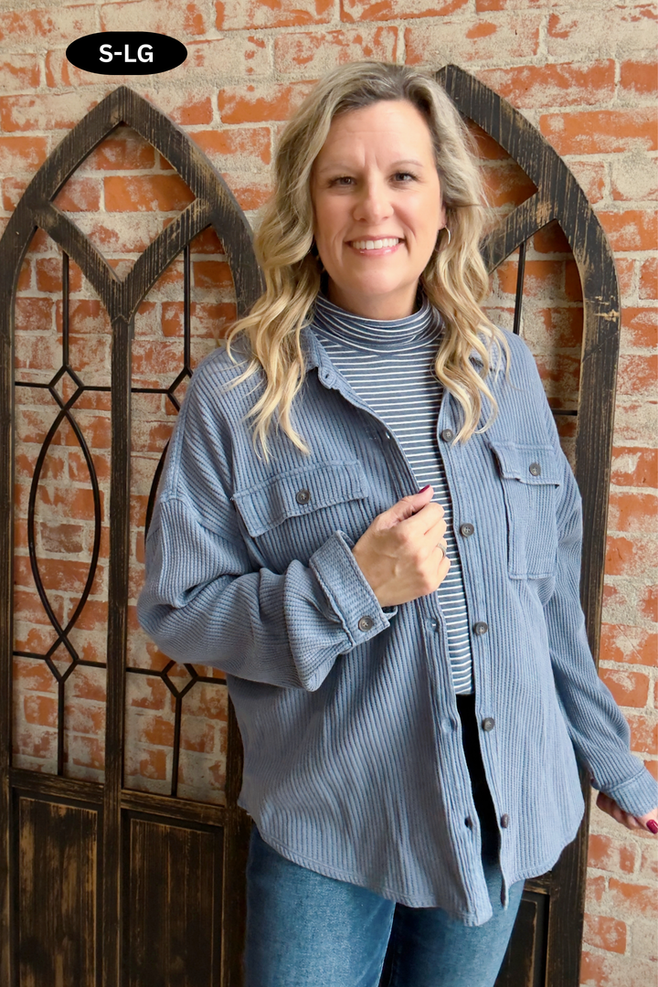 It's A Devotion Waffle Shacket-Aged Blue