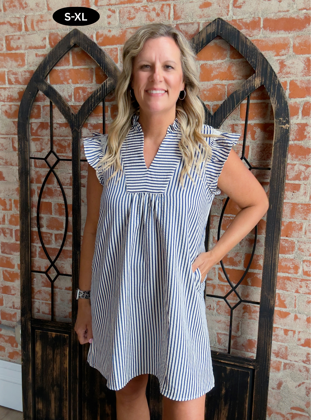 Here In Time Striped Ruffle Sleeve Dress-Royal