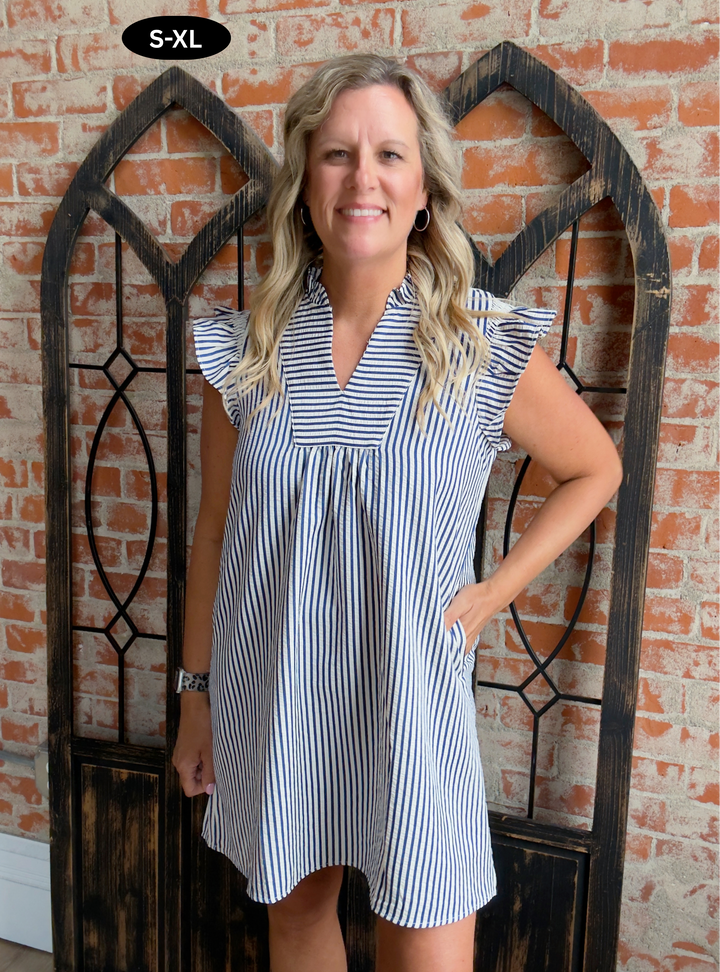 Here In Time Striped Ruffle Sleeve Dress-Royal