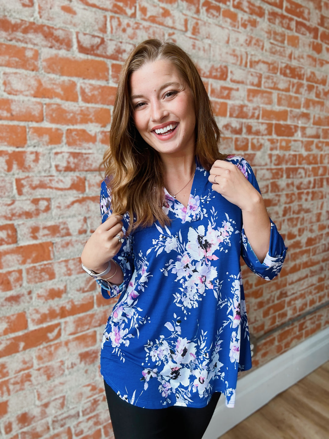 Light Up The Night Royal Floral Lizzy 3/4 Blouse