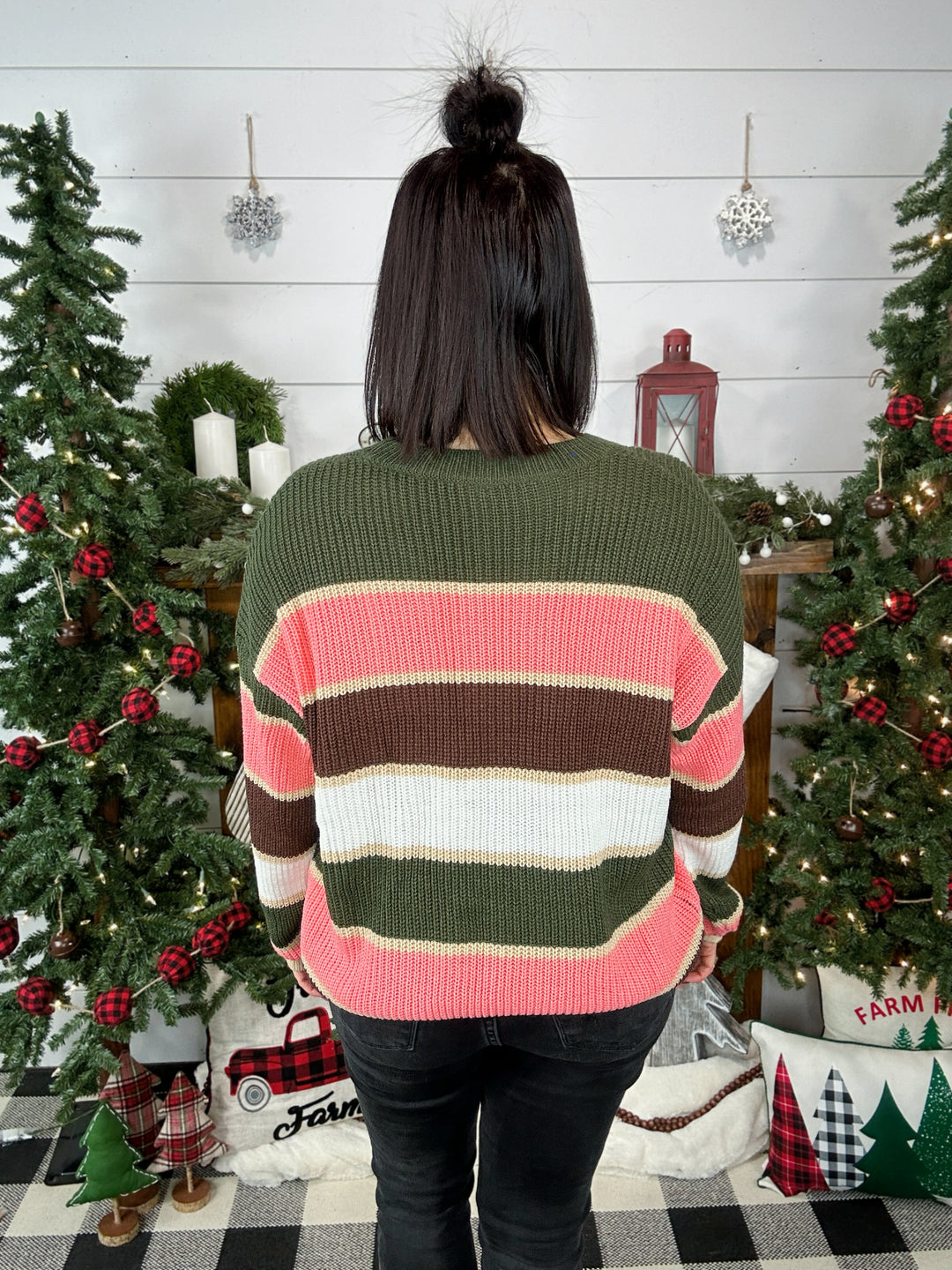 Let's Be Joyful Striped Sweater-Olive