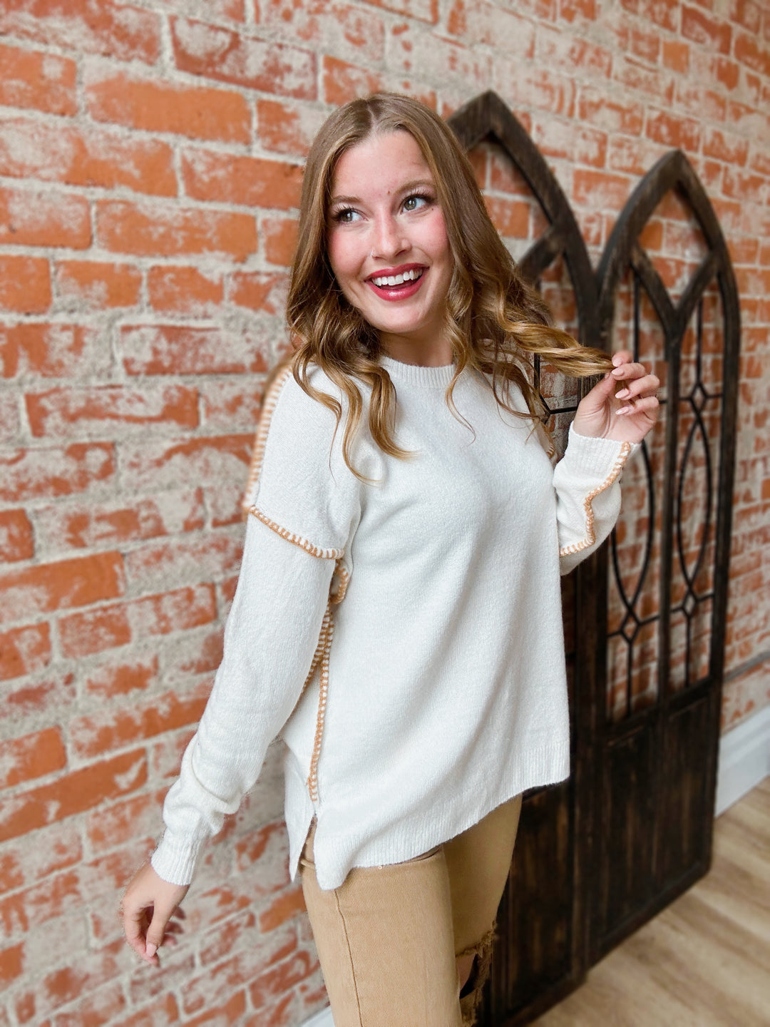 Stitched To Perfection Sweater-Ivory/Camel