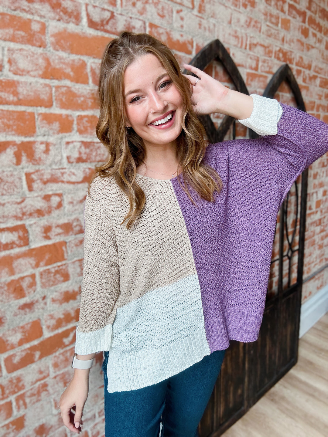 Know Me Too Well Purple Color Block Open Knit Sweater